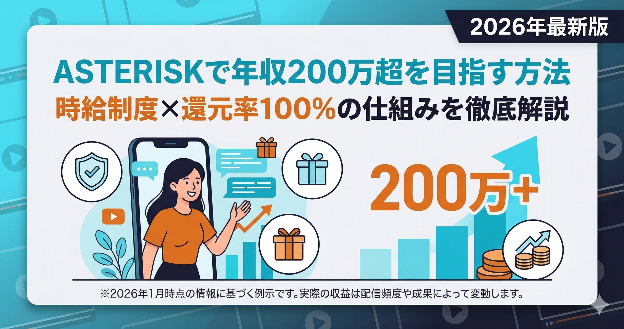 ライバー事務所ASTERISKの年収解説記事アイキャッチ。年収200万円超を目指すための報酬制度や配信ペースを解説。