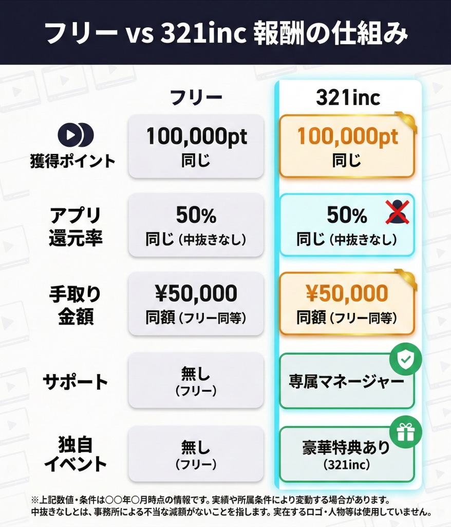 フリーライバーと321inc所属ライバーの報酬比較表。還元率は同じで、事務所所属の方がサポートやイベント特典があることを示す。