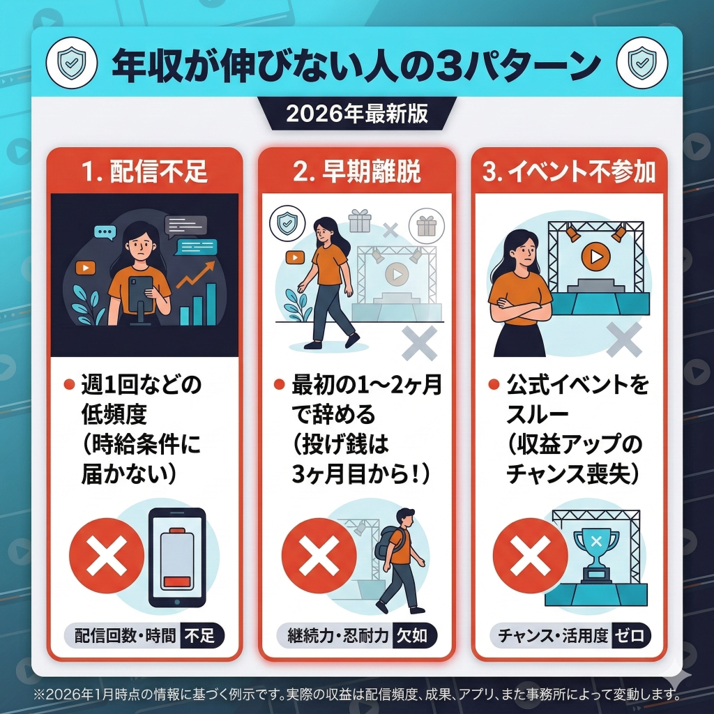 ASTERISKで年収が伸びない原因の図解。配信頻度の少なさ、早期離脱、イベント不参加の3つのNGパターンを整理。