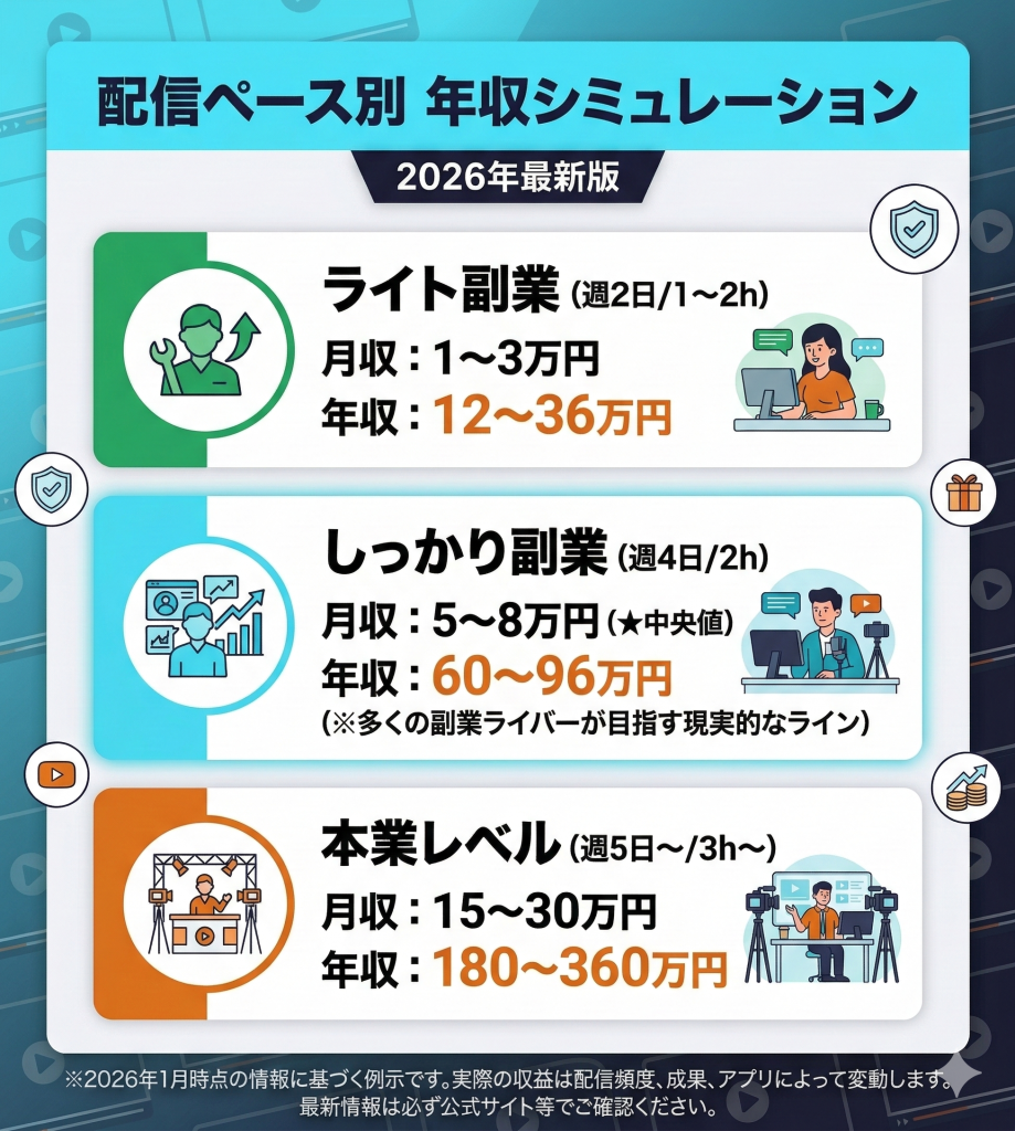 ASTERISKでの配信頻度別年収シミュレーション。週4日配信の「しっかり副業」で年収60〜96万円が中央値であることを図解。
