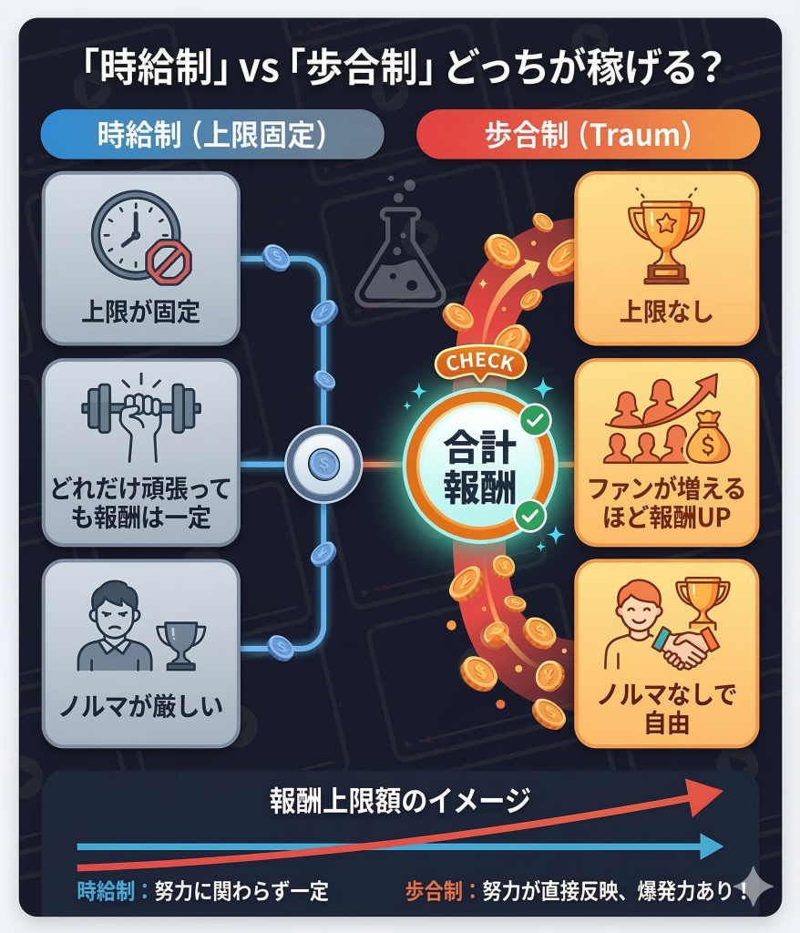 時給制と歩合制のライバー報酬の比較図。歩合制の上限なしの魅力を強調。