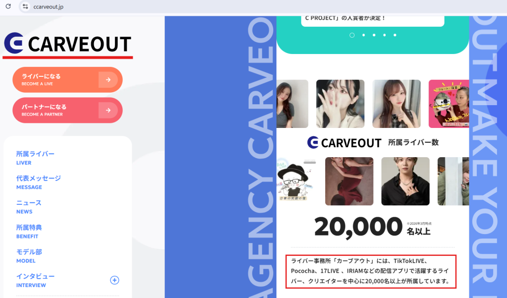 カーブアウト公式サイトのトップ画面。